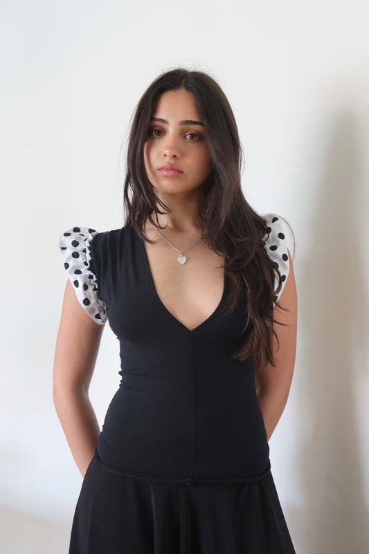 INDI TOP - black polka dot